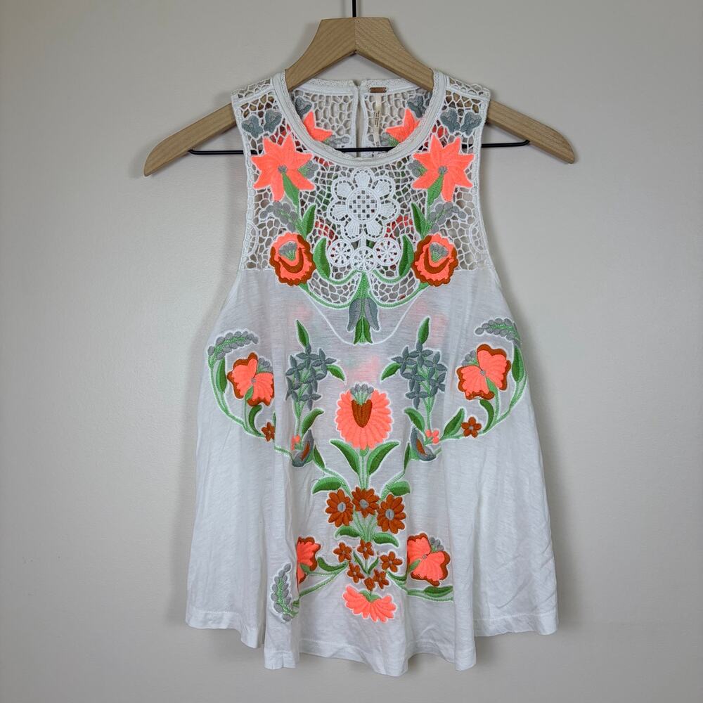 Free People XS White Embroidered Floral Lace Sleeveless Tunic Top Neon Coral